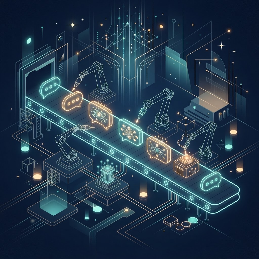 等距视角的智能体流水线示意图：机械臂在传送带上装配对话气泡与神经网络图形