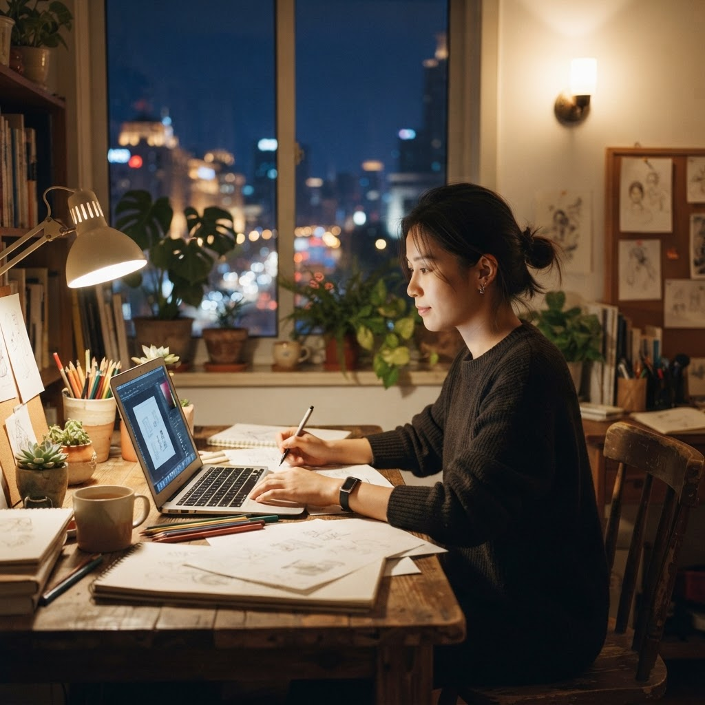 一位创业者在小型工作室里独自工作到深夜，桌上摆着笔记本电脑与设计草图