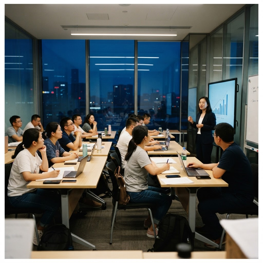 园区夜校课堂现场：学员在晚间课程中听讲并做笔记